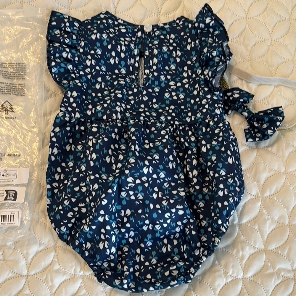 Blue Floral Smocked Bodice Baby Romper Snapped Crotch with Headband 3-6 M